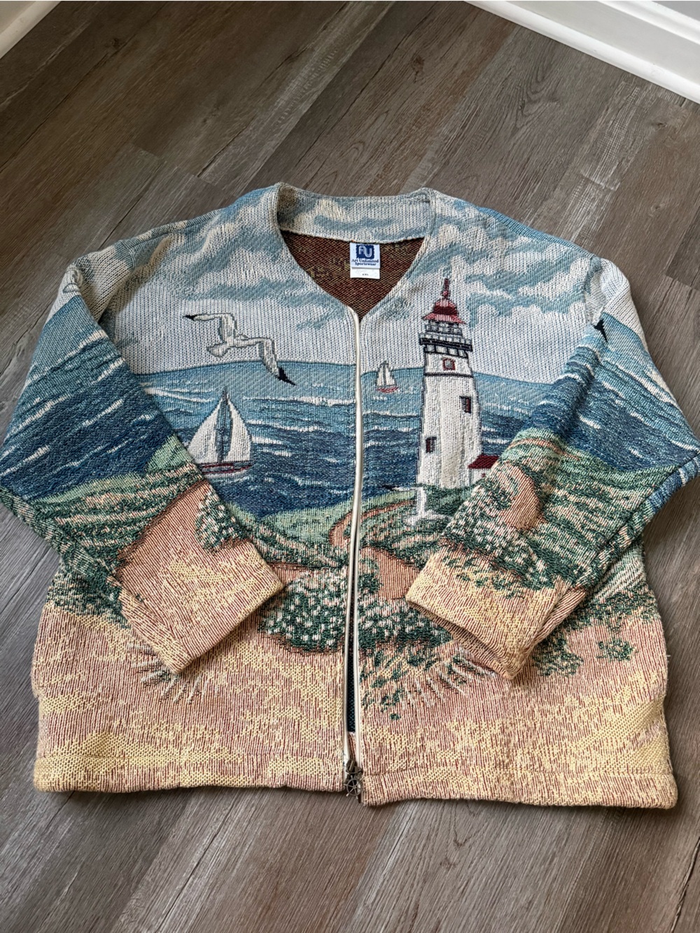 VTG Coastal Tapestry Cardigan Lighthouse Seagulls Ocean Multicolor Boho XXL